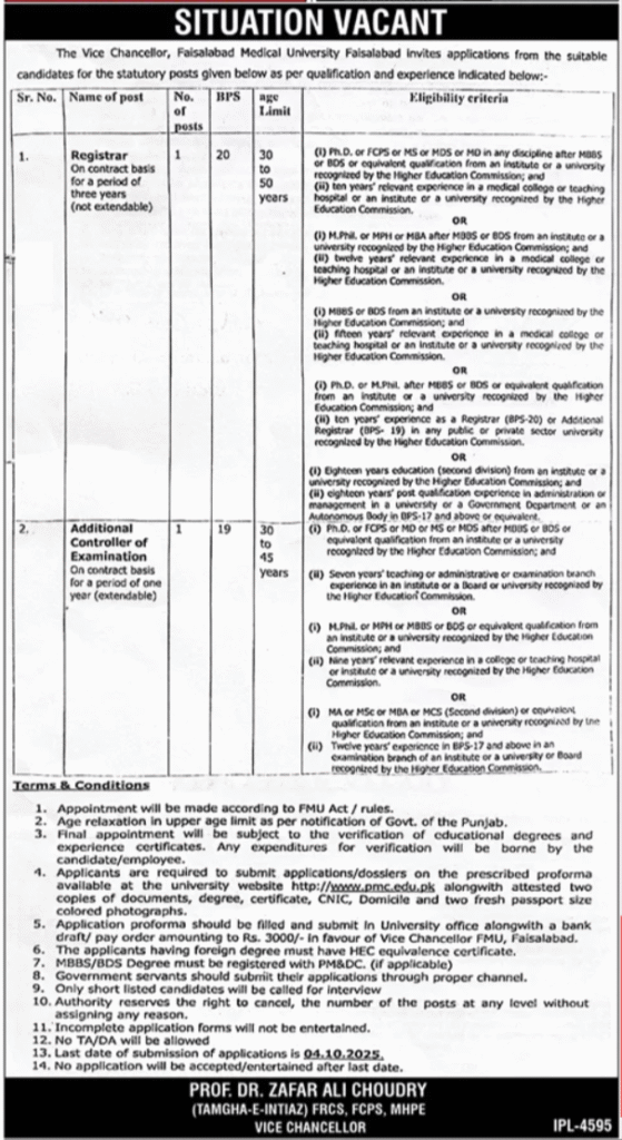 Faisalabad Medical University Jobs 2025 – Registrar & Additional Controller Vacancies