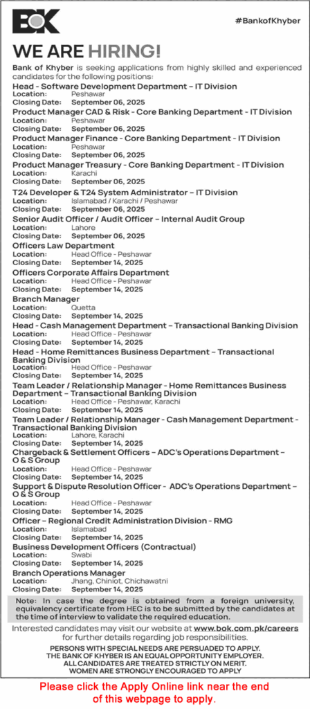 Bank of Khyber (BOK) Jobs 2025 – Apply Online