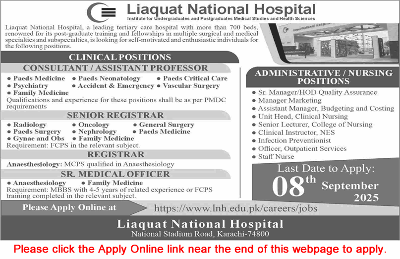 Liaquat National Hospital Jobs 2025 – Apply Online