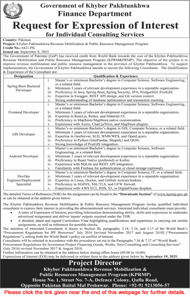Khyber Pakhtunkhwa Finance Department Jobs 2025 – Expression of Interest for Consultants