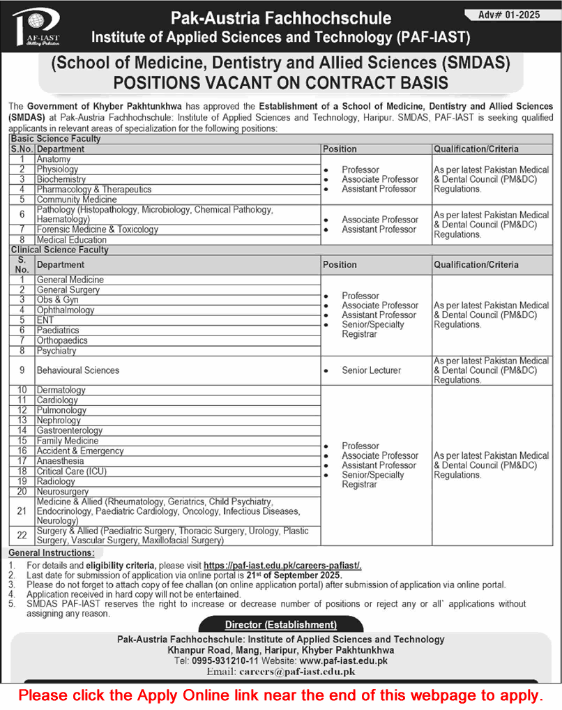 Pak-Austria Fachhochschule (PAF-IAST) Jobs 2025 – Faculty Positions in School of Medicine, Dentistry & Allied Sciences