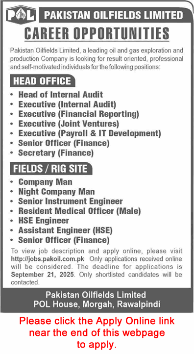 Pakistan Oilfields Limited POL Jobs 2025