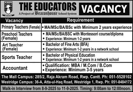 The Educators Jobs 2025 – Teaching & Non-Teaching Vacancies (Rawalpindi Campuses)