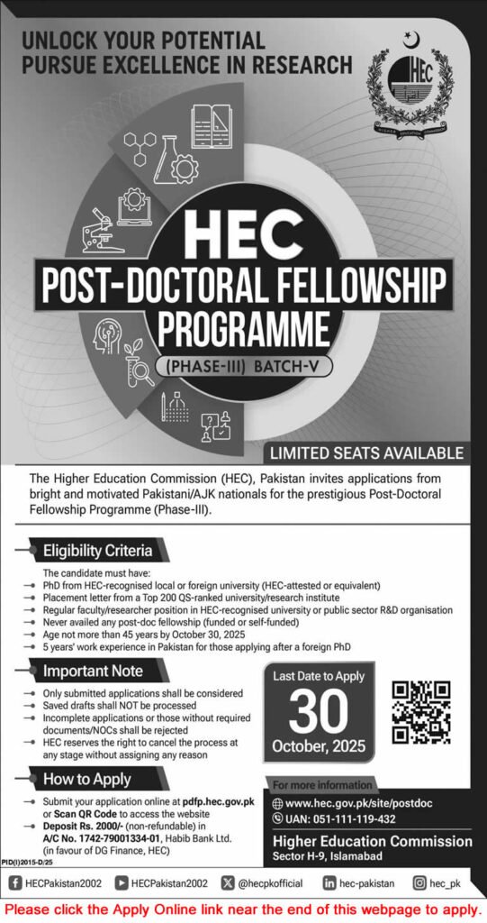 HEC Post-Doctoral Fellowship Programme 2025 (Phase-III, Batch-V) – Apply Online