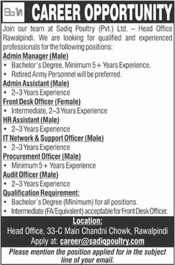 Sadiq Poultry Pvt. Ltd. Careers 2025 – Multiple Vacancies in Rawalpindi