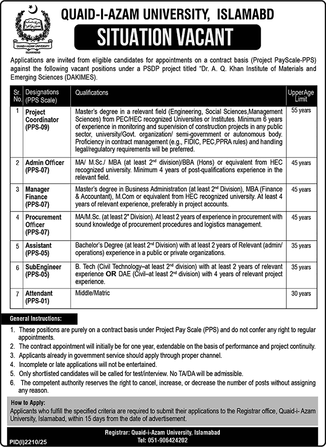 Quaid-i-Azam University Islamabad Jobs 2025