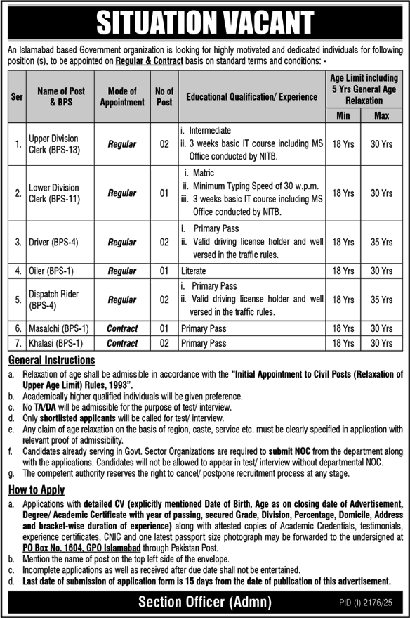 Government Jobs 2025 | Islamabad-Based Organization Announces Multiple Vacancies