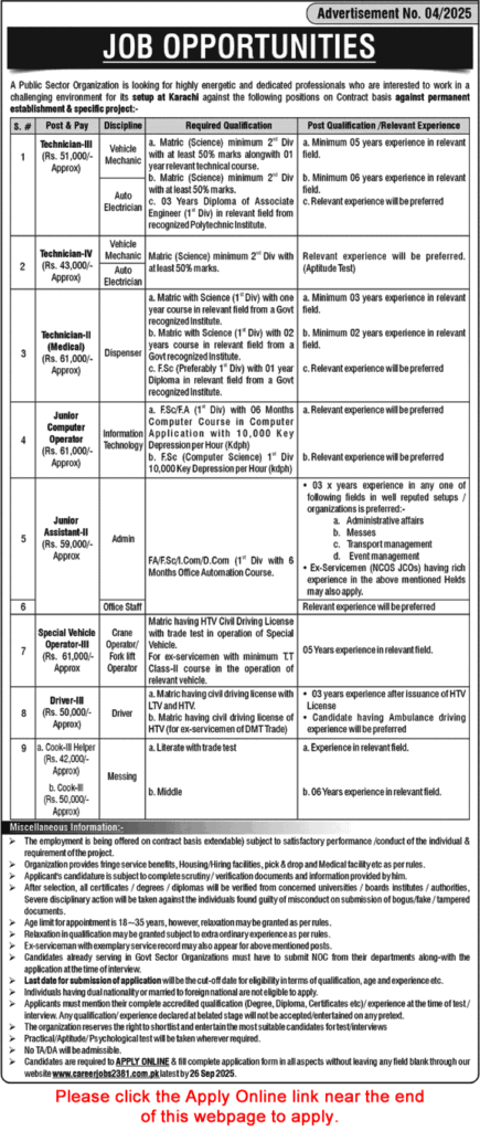 Public Sector Organization Karachi Jobs 2025