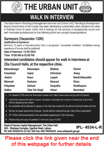 The Urban Unit Walk-in Interviews 2025 – 1200 Surveyor Vacancies Announced in Punjab