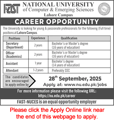 FAST-NUCES Lahore Campus Announces Full-Time Career Opportunities